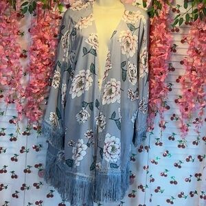 Jodifl Grey floral kimono with fringe